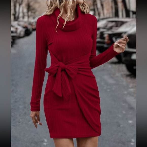 Classic Long Sleeve Cowl Neck Knot Side Wrap Hem Ribbed Dress - Picture 4 of 16